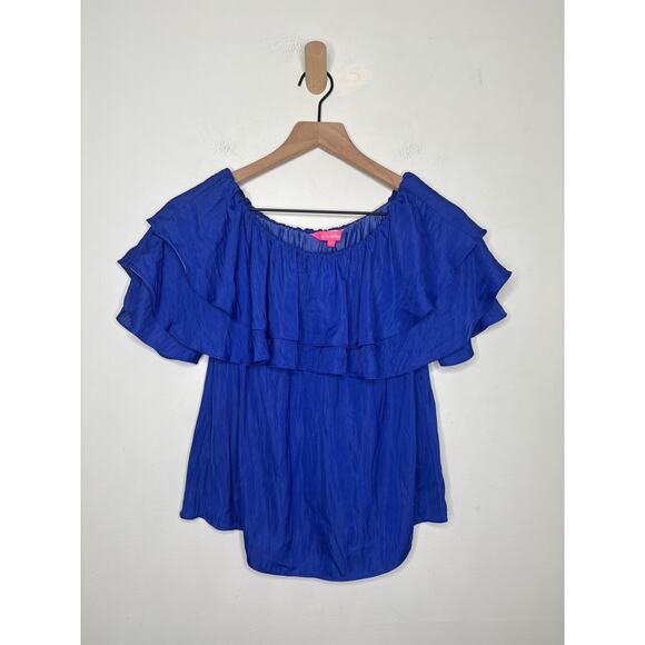 Lilly Pulitzer Haylee Ruffle Off Shoulder Top Size XS Royal Blue Salsa Silky - Picture 2 of 8